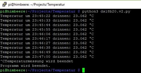 Temperaturen des DS18B20 im Terminal
